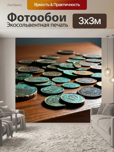 Фотообои патина, старинные монеты, разбросанные по деревянному столу, каждая с уникальной формой и цветом, на фоне…