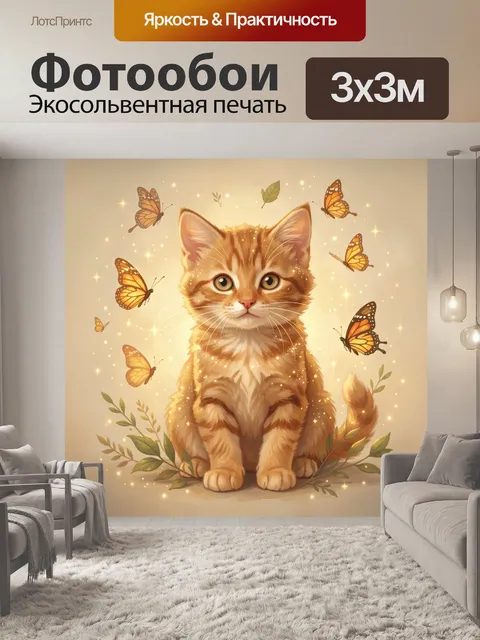 Фотообои Рыжий кот с бабочками и блёстками