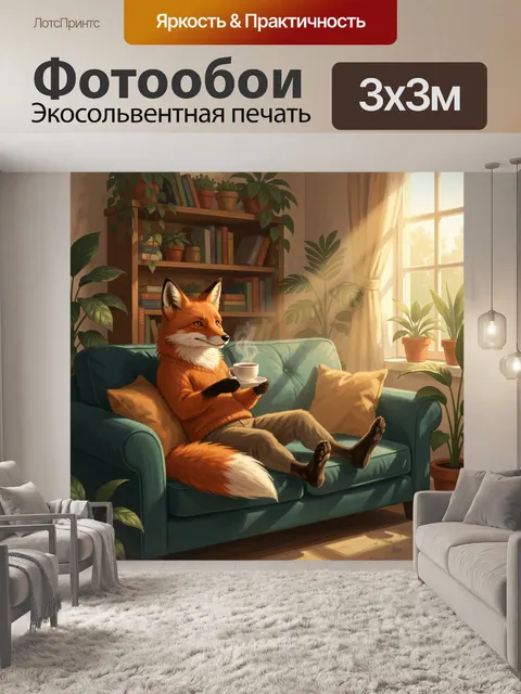 Фотообои Лис с чашкой на диване