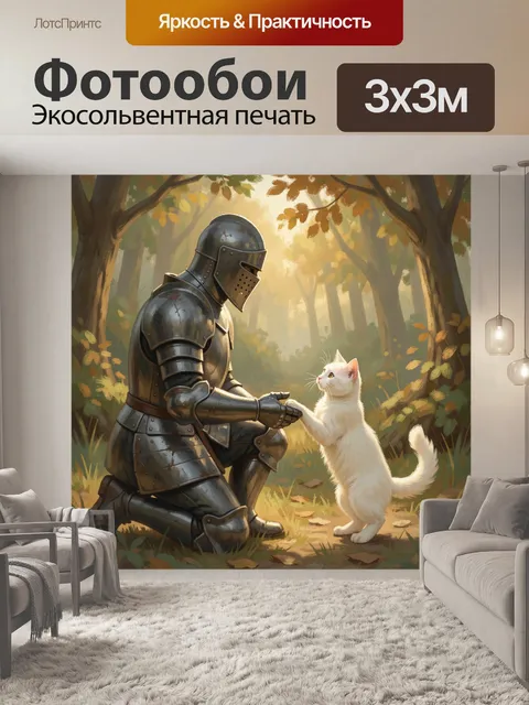Фотообои Рыцарь и белый кот в лесу