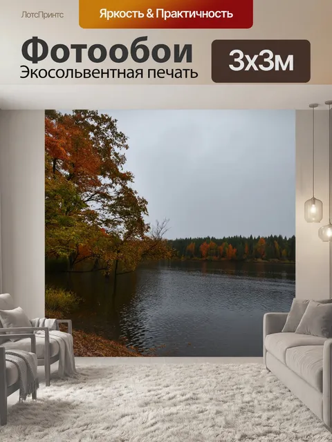 Фотообои осень дождливые дни, уединенное место у озера, отражающие деревья на поверхности воды, серое небо с плотными…