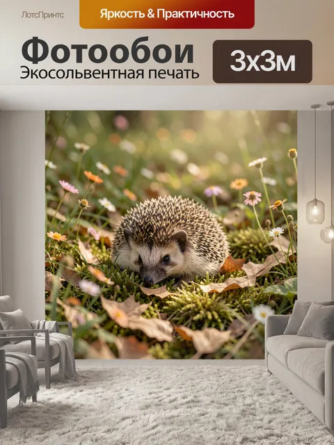 Фотообои Ежик среди лесных цветов