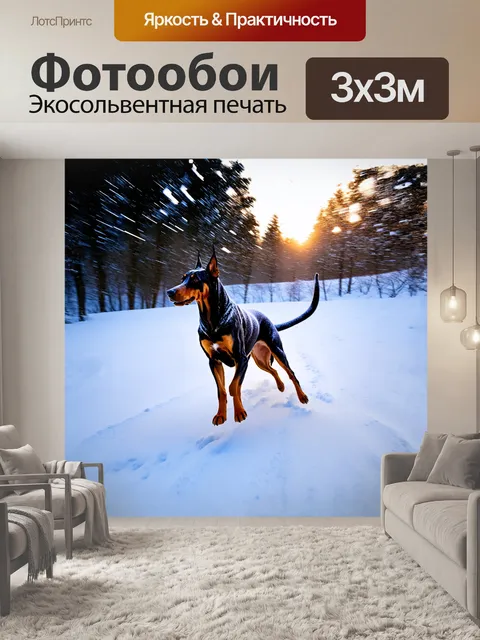 Фотообои доберман, играющий в снежном ландшафте, прыгающий между высокими сугробами, его шерсть покрыта инеем, а…