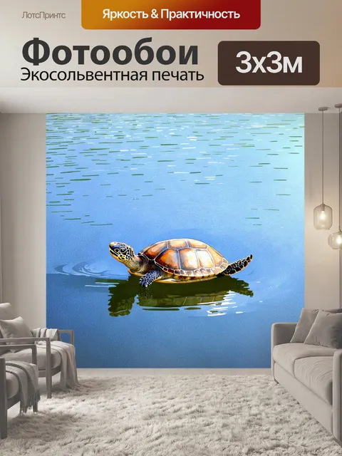 Фотообои черепаха, плывущая на поверхности спокойного озера, медитирует, отражая солнечные лучи