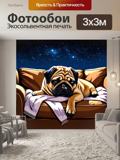 Фотообои сонная мопса уютно устроилась на диване с пледом в форме звездного неба, звездочки сверкают на фоне