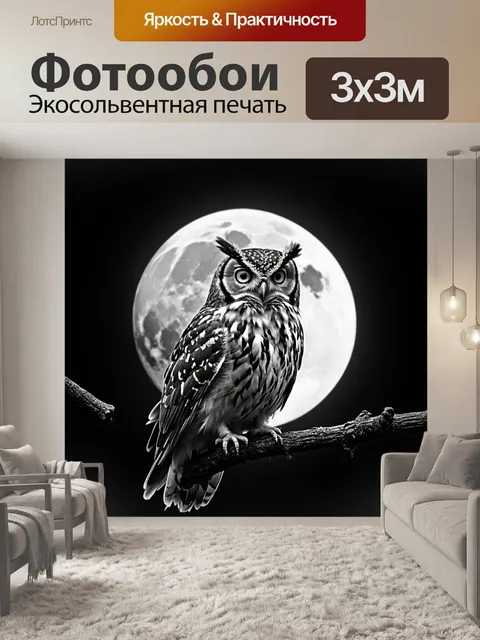 Фотообои ночная сцена с совой, сидящей на ветке в луне