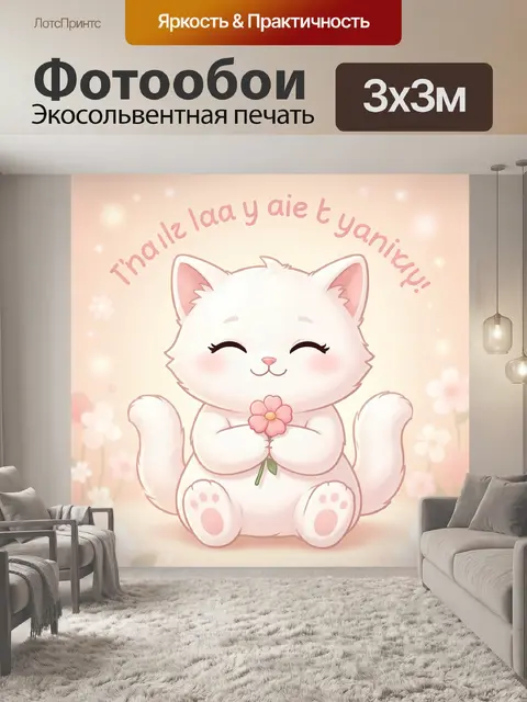 Фотообои Милый белый котенок с цветком