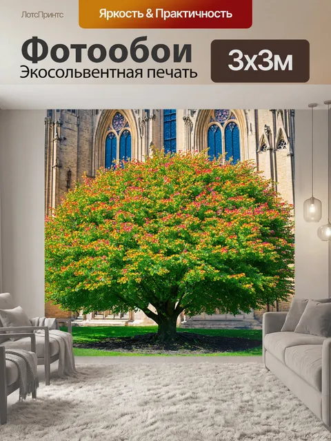 Фотообои кустарниковое дерево с цветущими метелками на фоне готической структуры