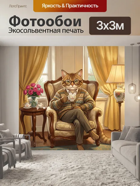 Фотообои Интеллигентный кот с чашкой чая