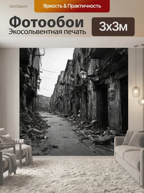 Фотообои черно-белый, передающие атмосферу заброшенной городской улицы, где время остановилось