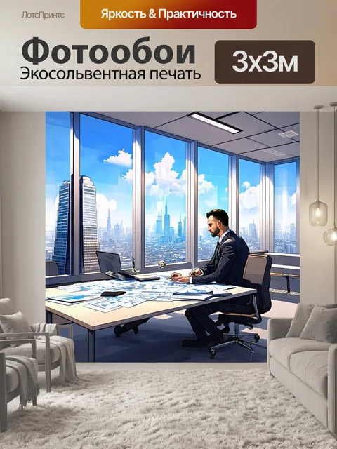Фотообои архитектор, создающий проекты для небоскребов, сидя за длинным столом, покрытым чертежами, с большими…