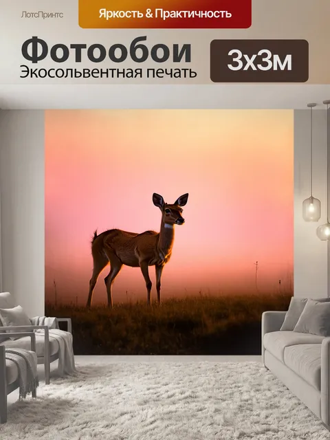 Фотообои на тихом утреннем рассвете косуля стоит на краю светлого поля, окруженного облаками утреннего тумана