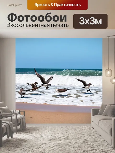 Фотообои охота на морских птиц на пляже, ясное голубое небо и бушующие волны, природа в великом действии