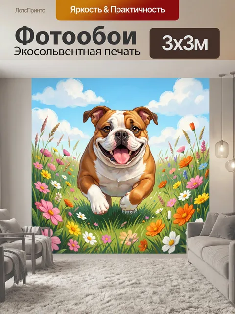 Фотообои Веселый бульдог в цветочном поле