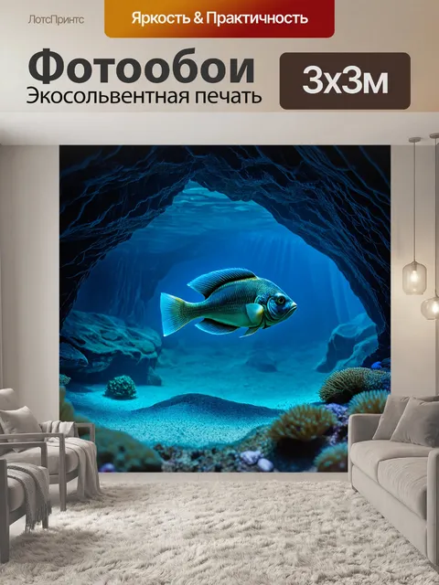 Фотообои изображение рыбы, исследующей подводные пещеры, освещённых тёмно-синим светом, выполненное в технике…