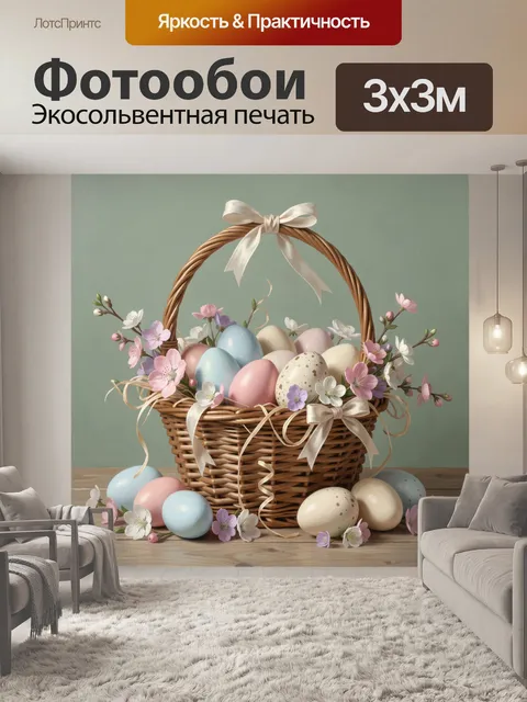 Фотообои Пасхальная корзина с яйцами и цветами