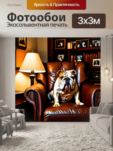 Фотообои бульдог, уютно устроившийся на старом кожаном кресле в темной комнате, освещенной мягким светом настольной…
