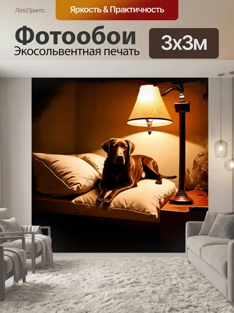 Фотообои лабрадор ретривер, изящно лежащий на подушках в уютной комнате, сглаженных мягким светом от настольной лампы