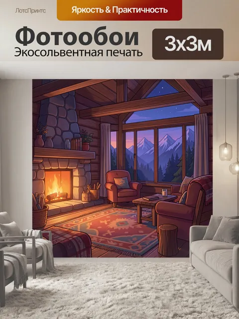 Фотообои Тёплый интерьер с камином и горами