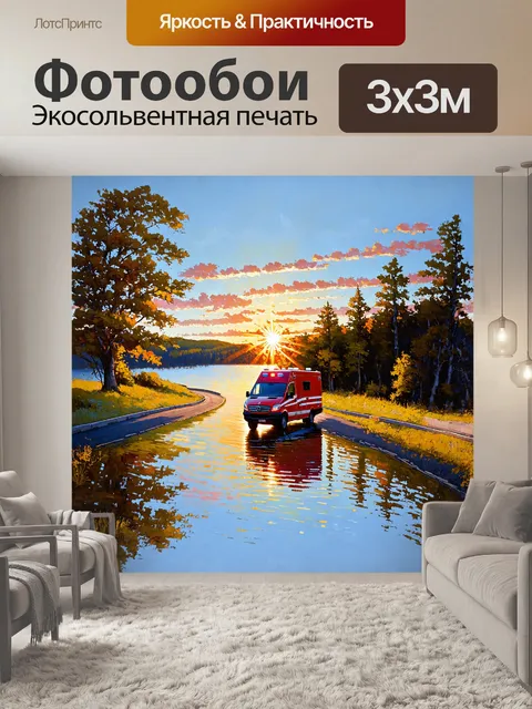 Фотообои восходящее солнце озаряет красную скорую помощь, стоящую на краю спокойно мерцающего озера