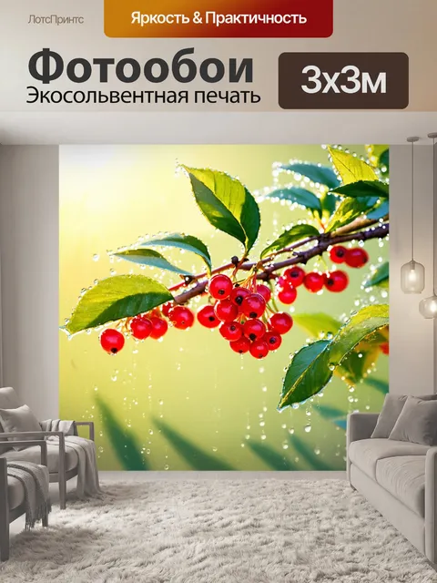 Фотообои ягоды рябины, ярко-красные, покрытые лёгкой росой, располагаются на ветках с зелеными листьями