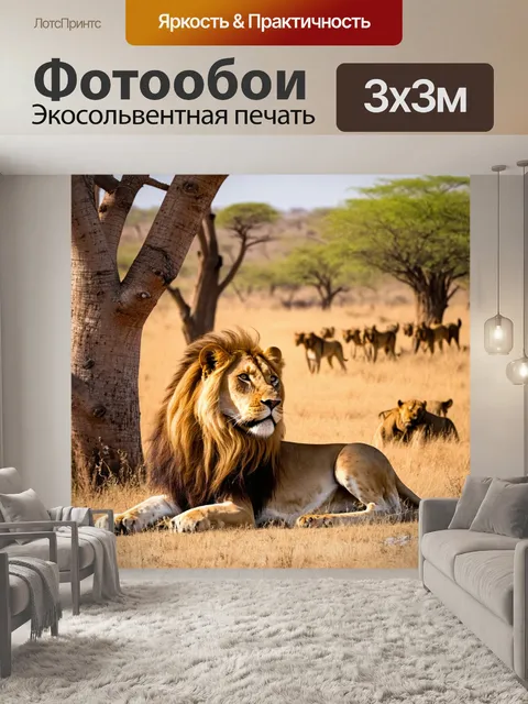 Фотообои охота на львов на африканской саванне, где стадо львов отдыхает под деревьями баобаба