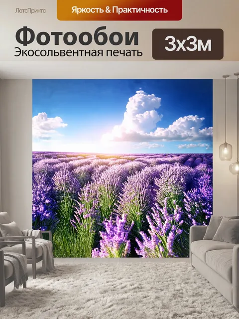 Фотообои на поле лаванды, покрытом утренней росой, парящая легкая нега одевает каждый цветок в кристаллики воды