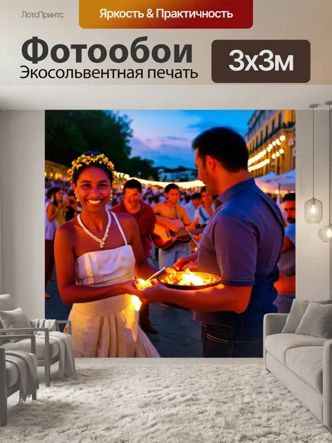Фотообои греция, вечерний праздник на площади, музыканты, традиционные танцы, местные жители и туристы, радостные…