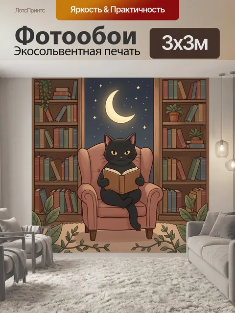 Фотообои Кот читает книгу при луне