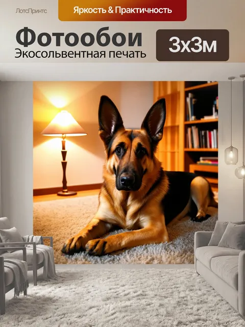 Фотообои в уютной домашней обстановке старшая немецкая овчарка нежно лежит на ковре