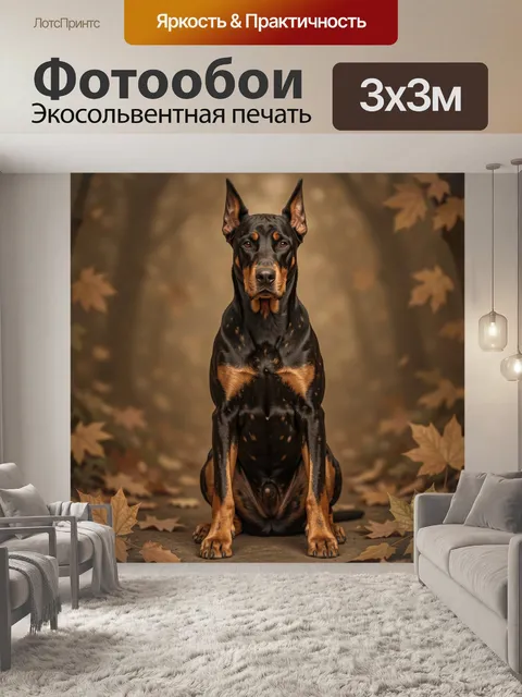 Фотообои Доберман среди осенних листьев