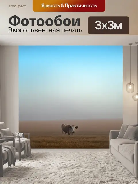 Фотообои корова в чистом раннем утре на фоне широких полей и голубого неба