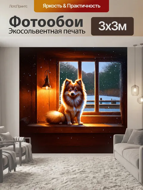 Фотообои миниатюрный шпиц, сидящий на подоконнике старинного дома, смотрит на падающий снег