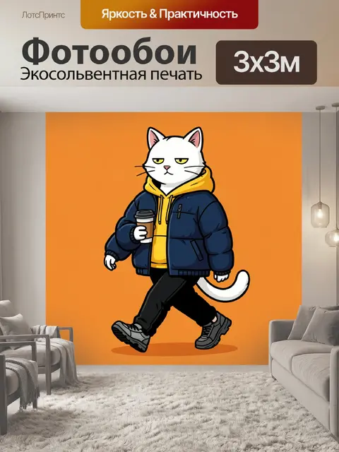 Фотообои Белый кот в худи с кофе