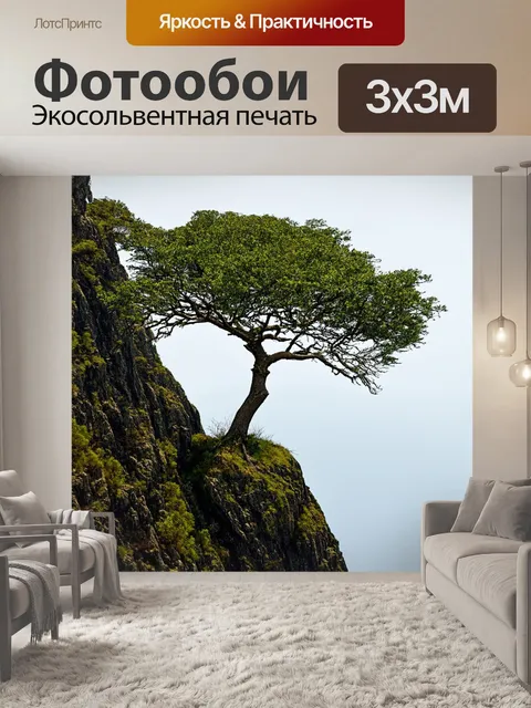 Фотообои дерево, растущее на обрыве, его ветви резко выгибаются под воздействием ветра, создавая напряженную атмосферу
