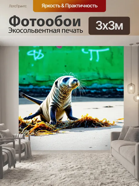 Фотообои серый тюлень, играющий с морскими водорослями под ярким солнечным светом, на фоне зеленых утесов гельголанда