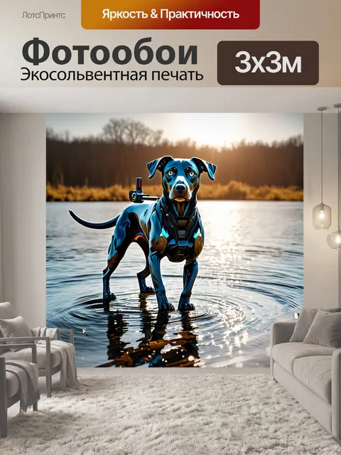 Фотообои футуристическая собака-охотник, сканирующая воду с помощью специального устройства в сияниях солнечных лучей