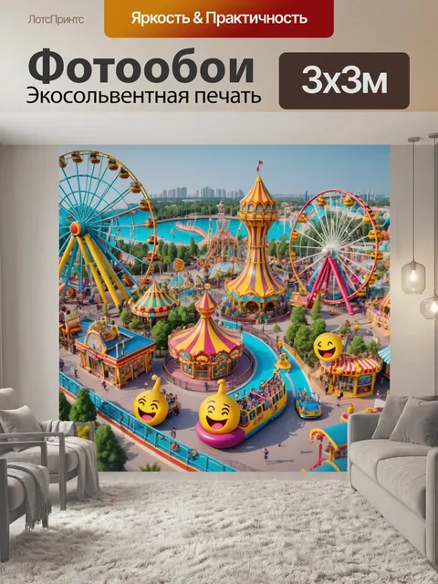 Фотообои город в стиле эмодзи, парки аттракционов с эмодзи смеха и адреналина