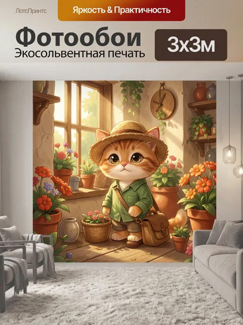 Фотообои Кот в шляпе среди цветов