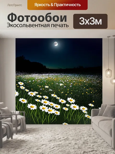 Фотообои поле ромашек ночью под мигающей лунным светом, тени от цветов растягиваются по земле