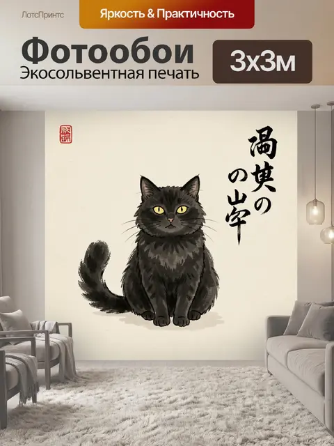 Фотообои Черный кот в японском стиле