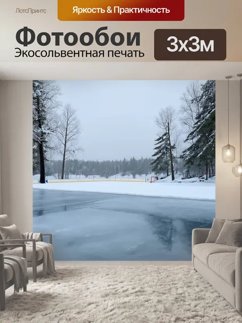 Фотообои пейзаж великолепного зимнего хоккейного поля, окруженного старыми деревьями и множеством снежных сугробов