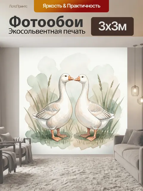 Фотообои Две белые гуси на лугу