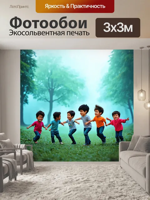 Фотообои туман в стиле мультяшный, группа детей, весело играющих в тумане