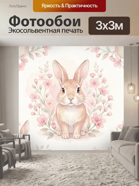 Фотообои Зайчик среди розовых цветов