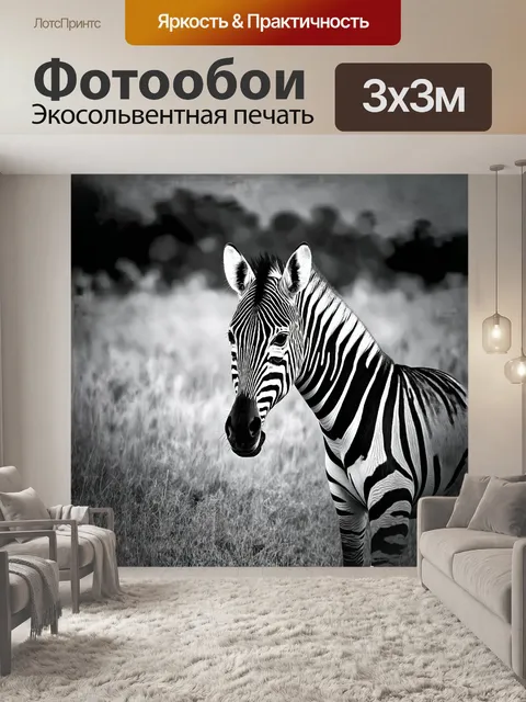 Фотообои на этом монохромном снимке зебра, замаскированная камуфляжными узорами, словно сливается с травой на фоне