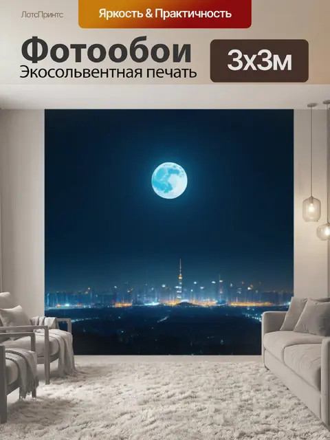 Фотообои луна, сверкающая над ночным городом