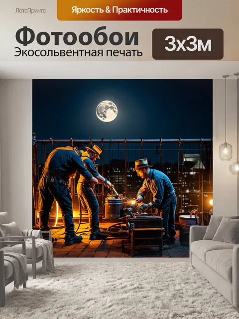 Фотообои ночь в стиле стимпанк, вечер на крыше с механиками, работающими под светом луны