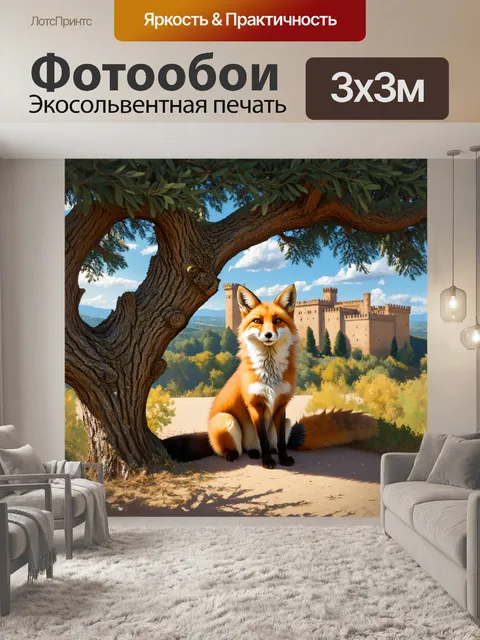 Фотообои лиса, сидящая под старинным оливковым деревом, окруженная тенистыми туями, на фоне тосканы с величественными…