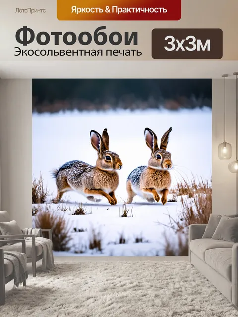 Фотообои животные в стиле романтизм, милые зайцы, прыгающие по заснеженному полю, мягкий зимний свет